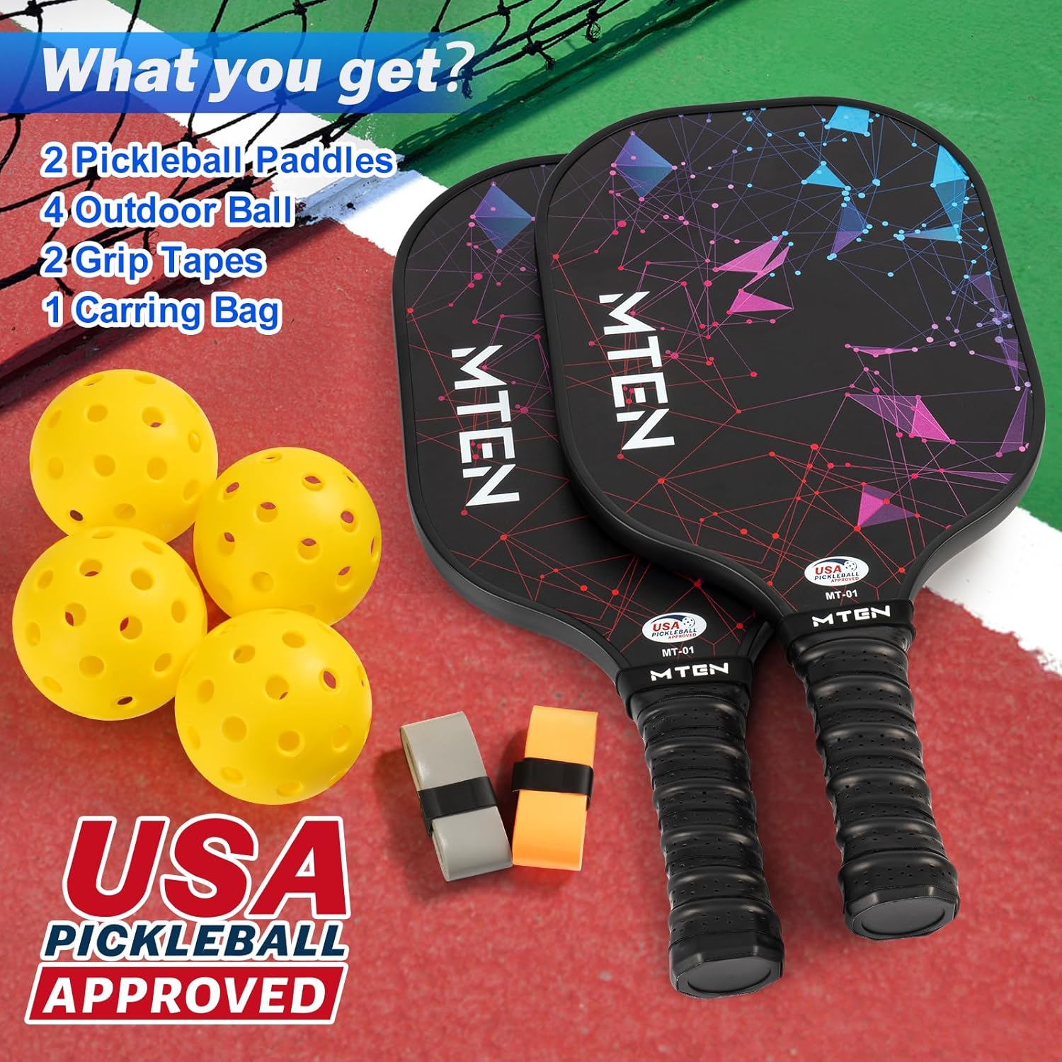 MTEN Pickleball Paddles Set with USAPA approved lightweight fiberglass pickleball rackets for men, women, beginners, and intermediate players