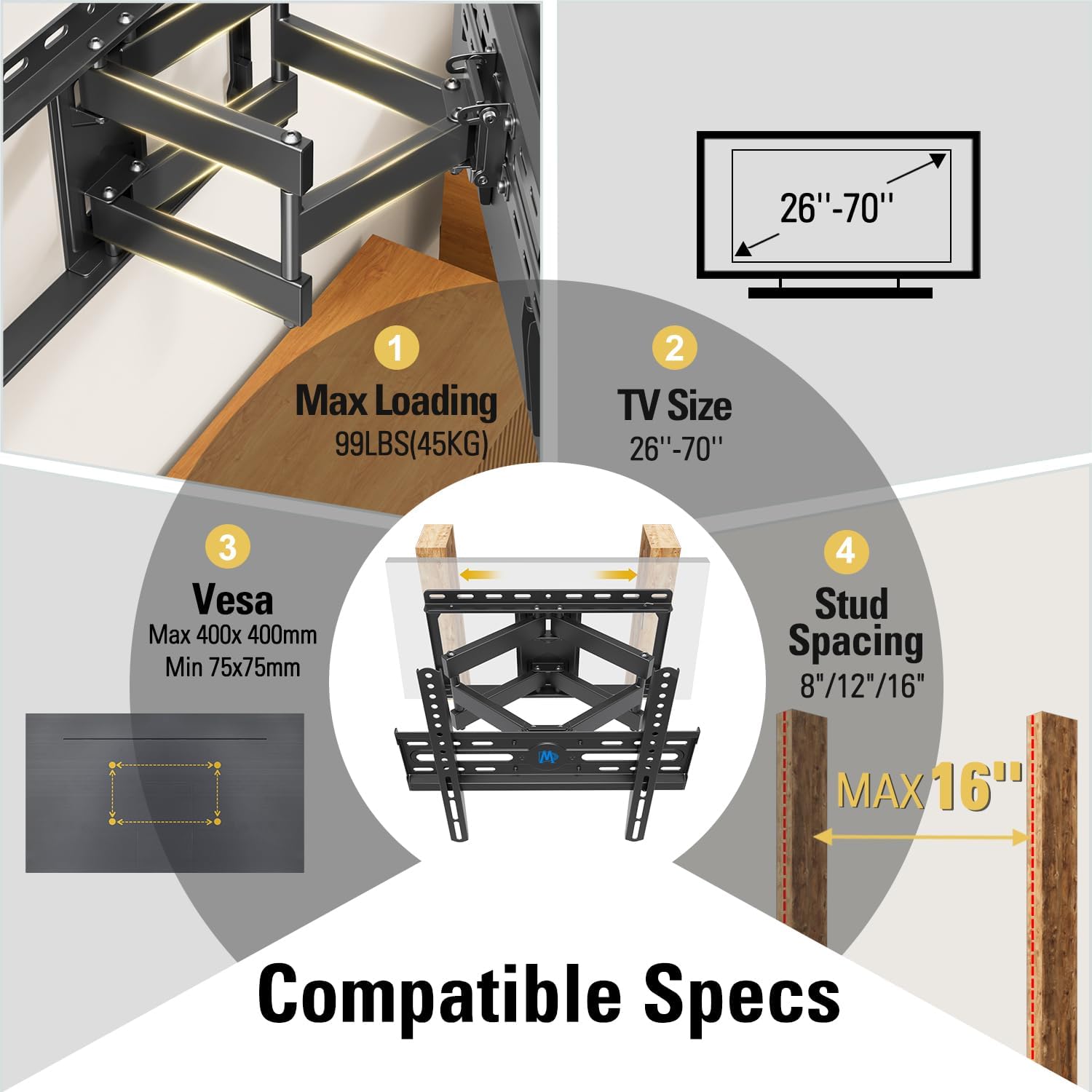 Mounting Dream full motion TV wall mount for 32 to 70 inch TVs supporting up to 99 pounds with adjustable viewing