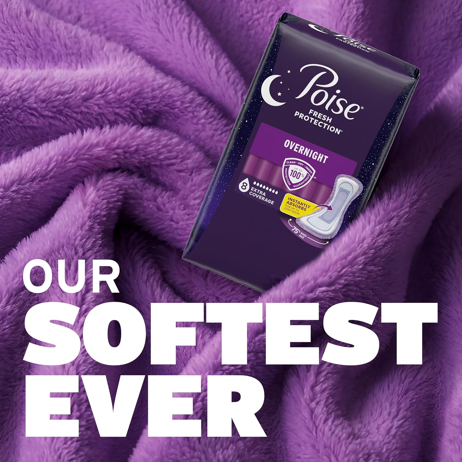 Poise Overnight Incontinence and Postpartum Pads with 8 Drop extra coverage, 72 count, designed for bladder leak protection