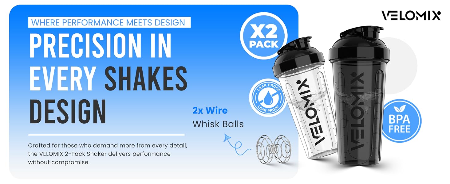 VELOMIX 2 Pack 28oz protein shaker bottles with wire whisks, leak-proof BPA-free shaker cups for protein shakes and fitness drinks