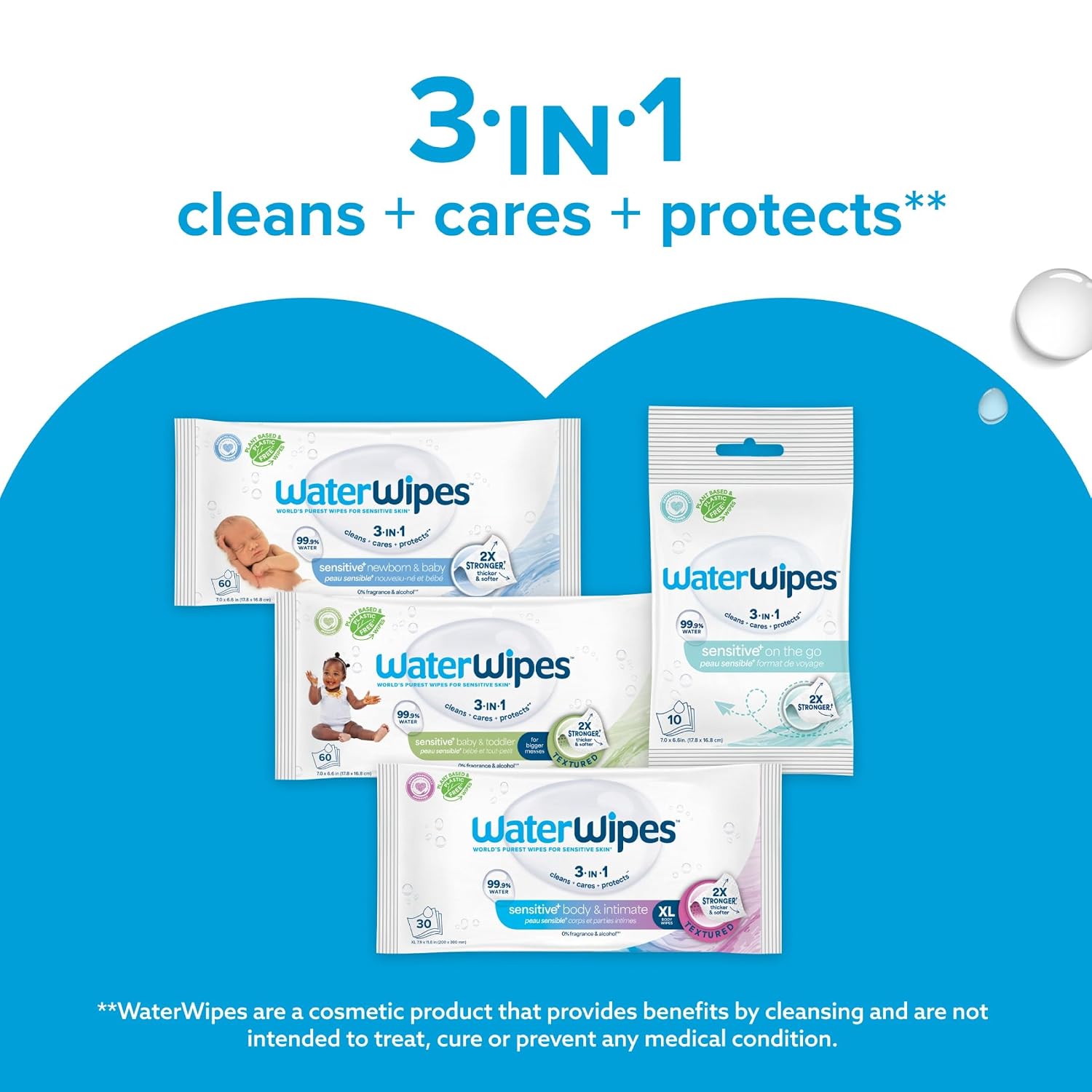 WaterWipes Sensitive+ Newborn and Baby Wipes with 99.9% water, unscented hypoallergenic formula, 12 packs and 720 total wipes