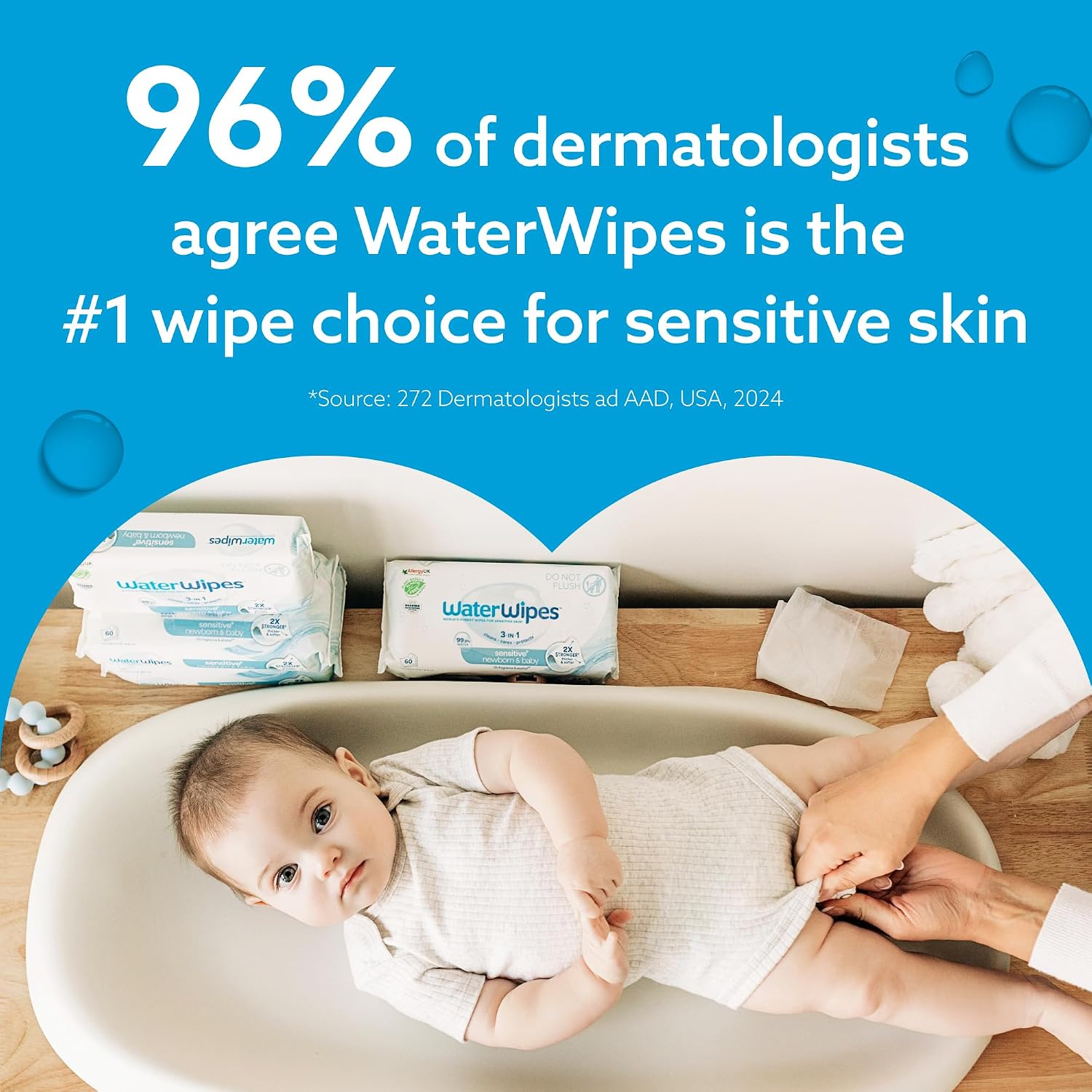 WaterWipes Sensitive+ Newborn and Baby Wipes with 99.9% water, unscented hypoallergenic formula, 12 packs and 720 total wipes