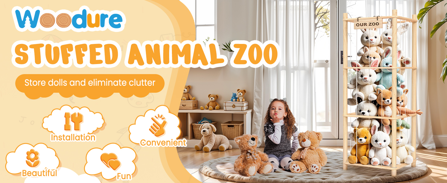 Woodure wooden stuffed animal storage organizer with cute zoo design for toddler bedroom playroom and plush toy organization