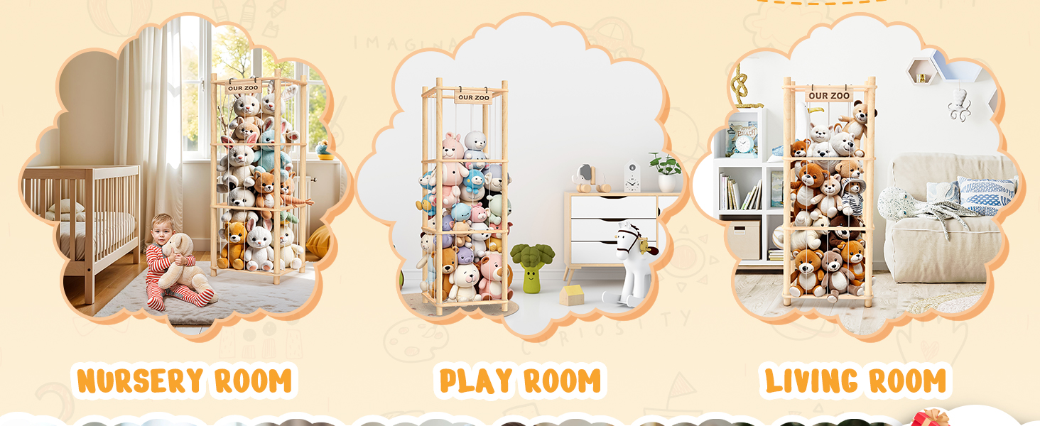 Woodure wooden stuffed animal storage organizer with cute zoo design for toddler bedroom playroom and plush toy organization