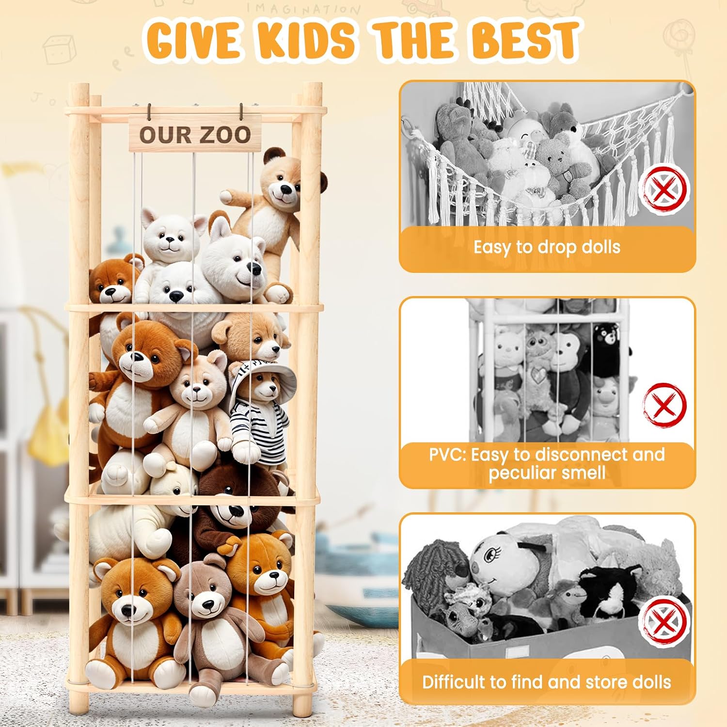 Woodure wooden stuffed animal storage organizer with cute zoo design for toddler bedroom playroom and plush toy organization