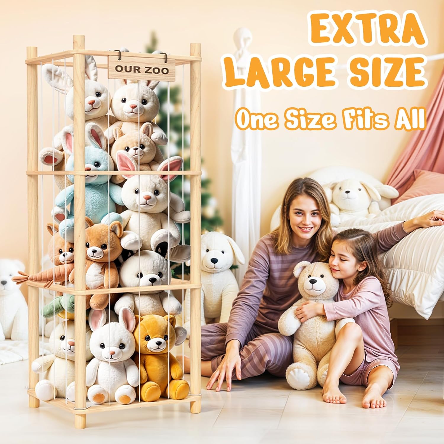 Woodure wooden stuffed animal storage organizer with cute zoo design for toddler bedroom playroom and plush toy organization