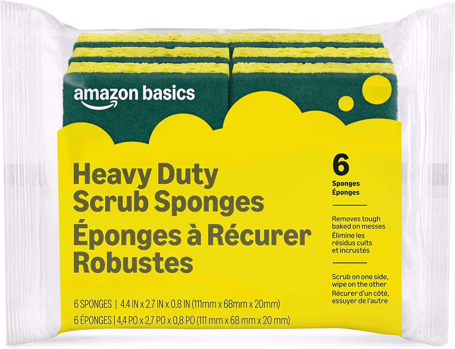 Amazon Basics Heavy Duty Dual-Sided Scrub Sponges Reusable Yellow Green 6-Pack