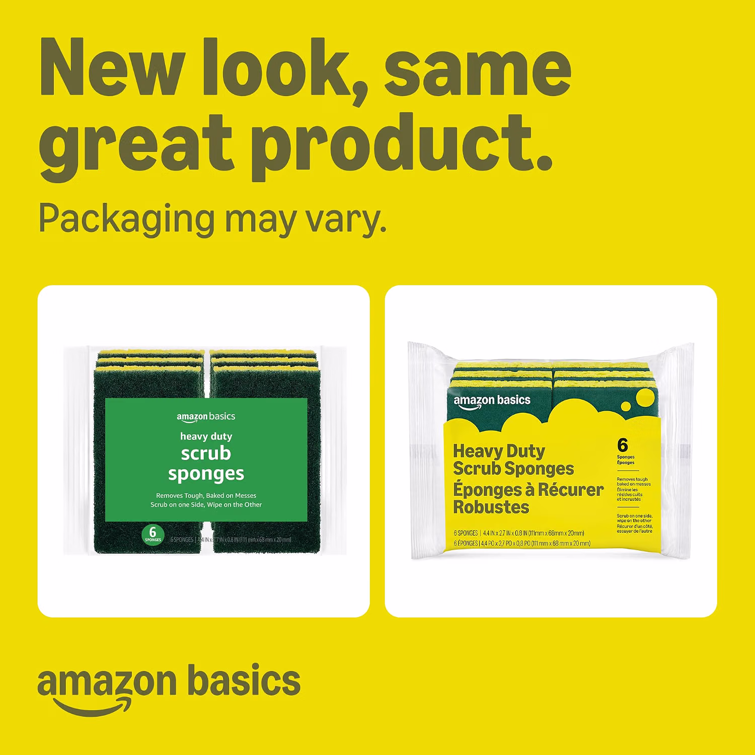 Amazon Basics Heavy Duty Dual-Sided Scrub Sponges Reusable Yellow Green 6-Pack