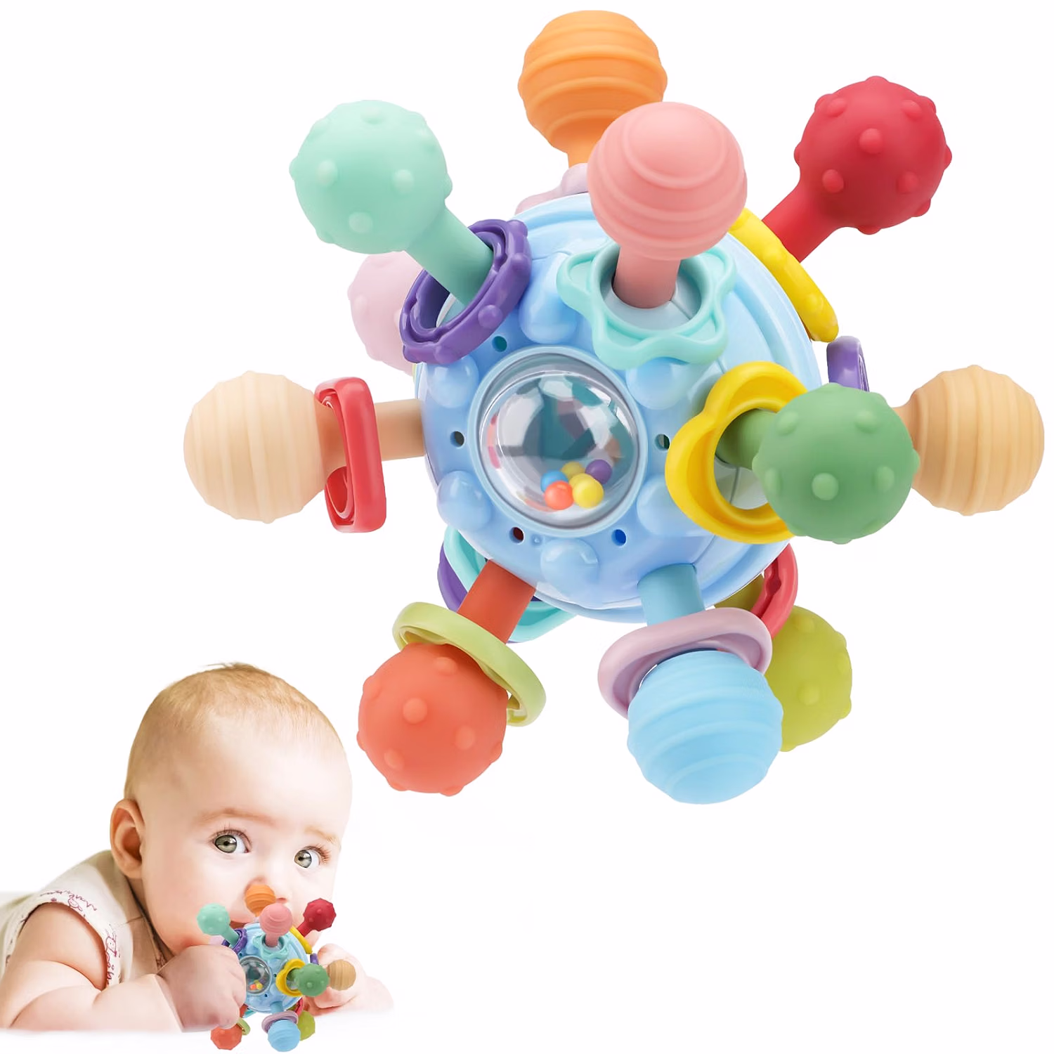 Baby Montessori Sensory Teething Toy Teether Ball and Rattle for 0-6 and 6-12 Months