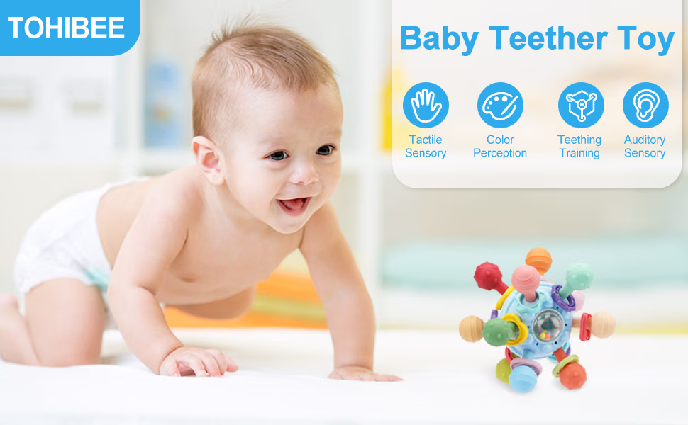 Baby Montessori Sensory Teething Toy Teether Ball and Rattle for 0-6 and 6-12 Months