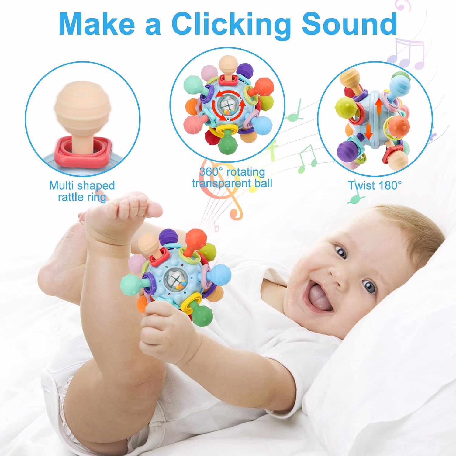 Baby Montessori Sensory Teething Toy Teether Ball and Rattle for 0-6 and 6-12 Months