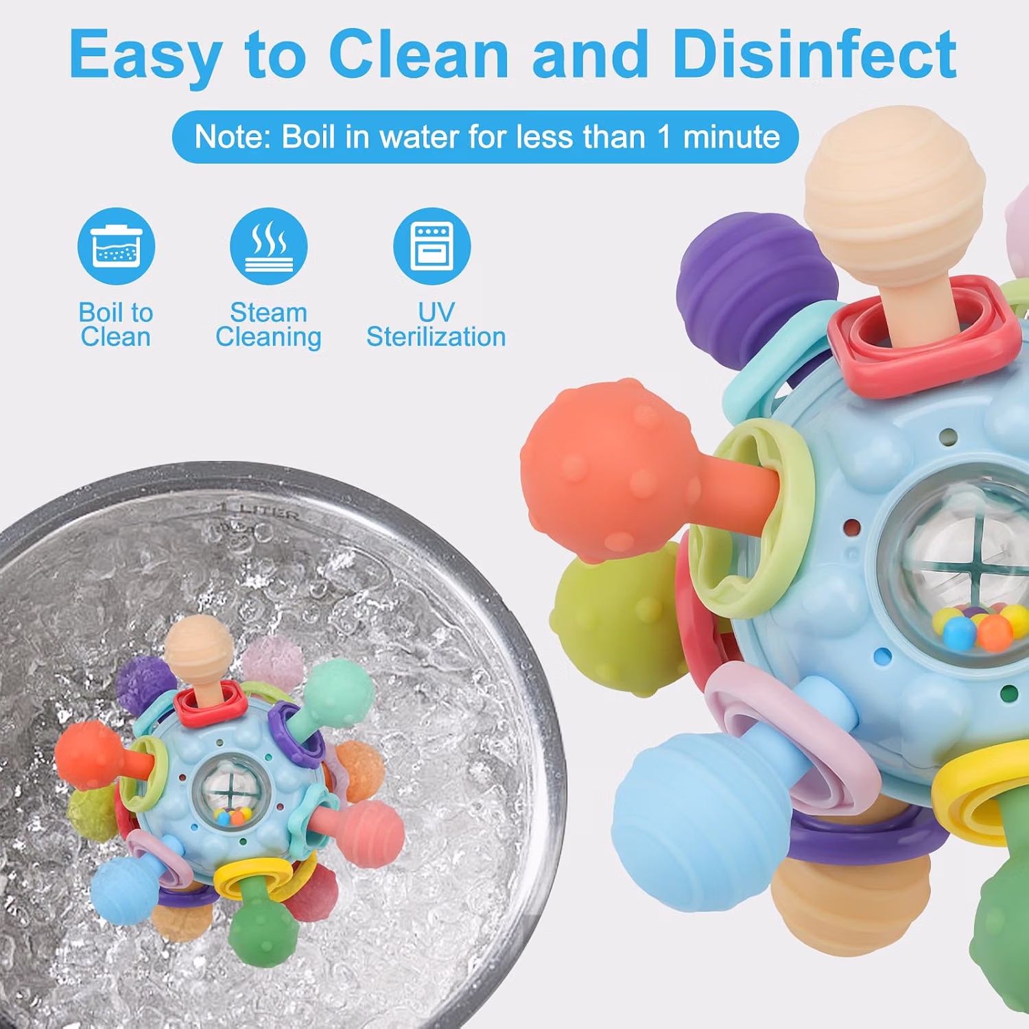 Baby Montessori Sensory Teething Toy Teether Ball and Rattle for 0-6 and 6-12 Months