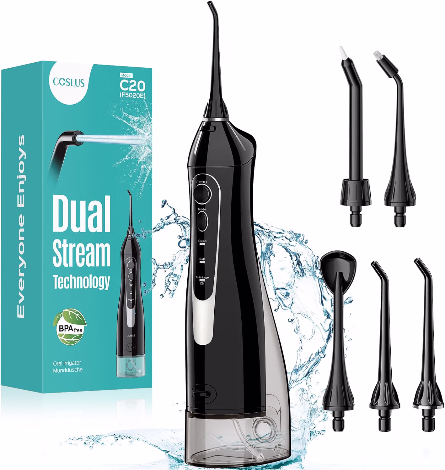 COSLUS ADA Accepted C20 Water Dental Flosser Professional Set Black for Oral Care