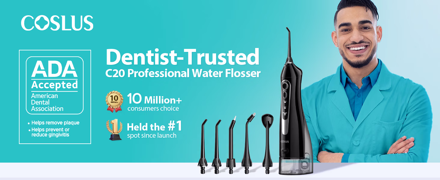 COSLUS ADA Accepted C20 Water Dental Flosser Professional Set Black for Oral Care