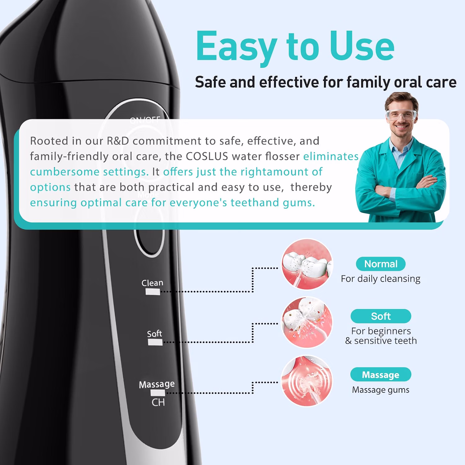COSLUS ADA Accepted C20 Water Dental Flosser Professional Set Black for Oral Care