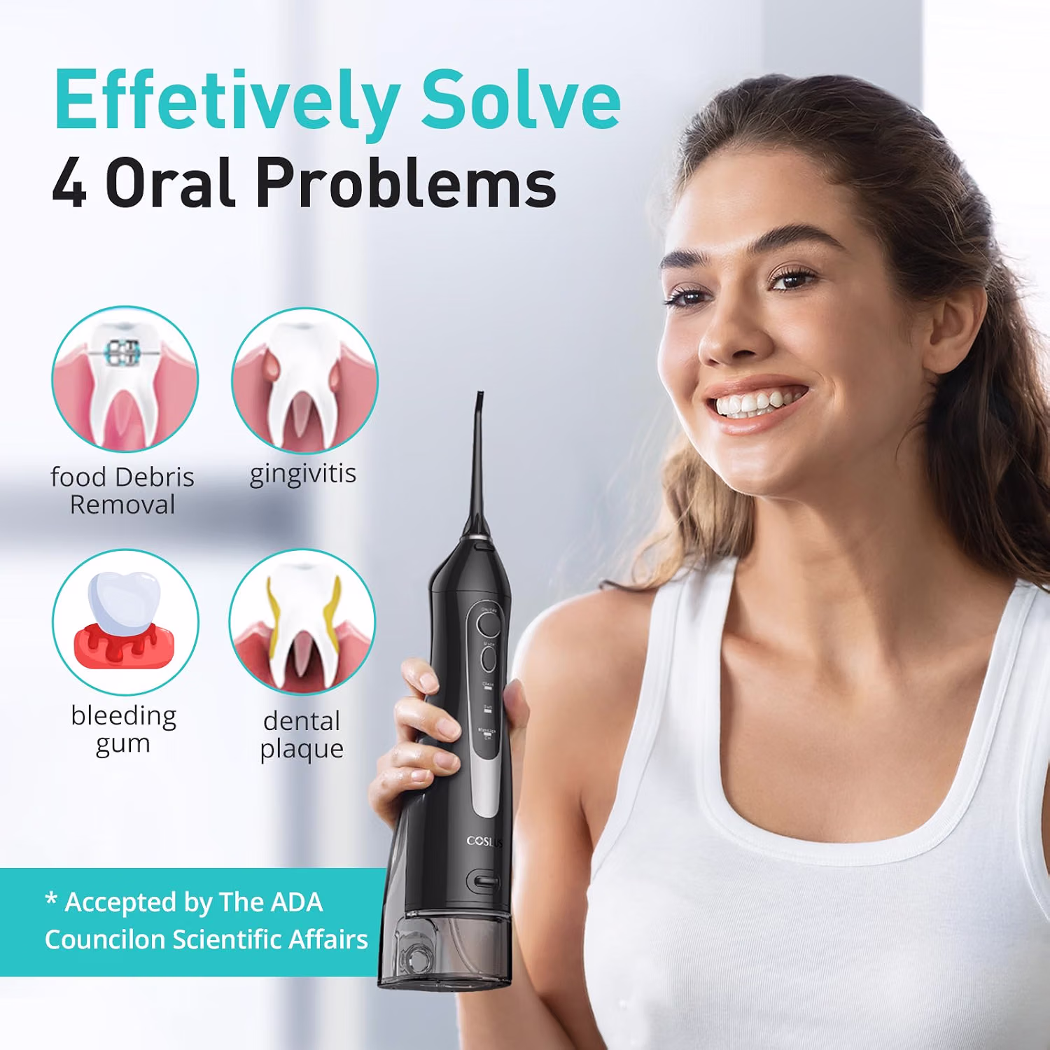 COSLUS ADA Accepted C20 Water Dental Flosser Professional Set Black for Oral Care