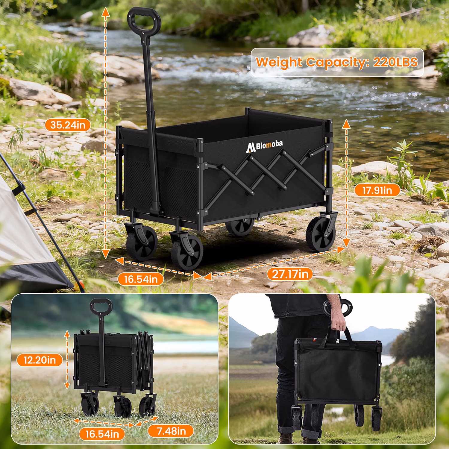 Folding Wagon Cart with Wheels 220lbs Heavy Duty Utility Wagon Cart Black