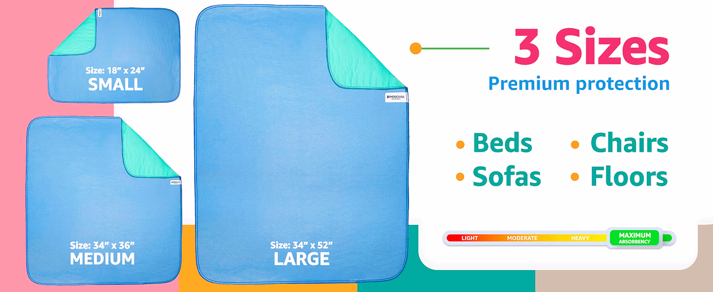 IMPROVIA Washable Underpads 34x36 Heavy Absorbency Reusable Incontinence Pads Pack of 4
