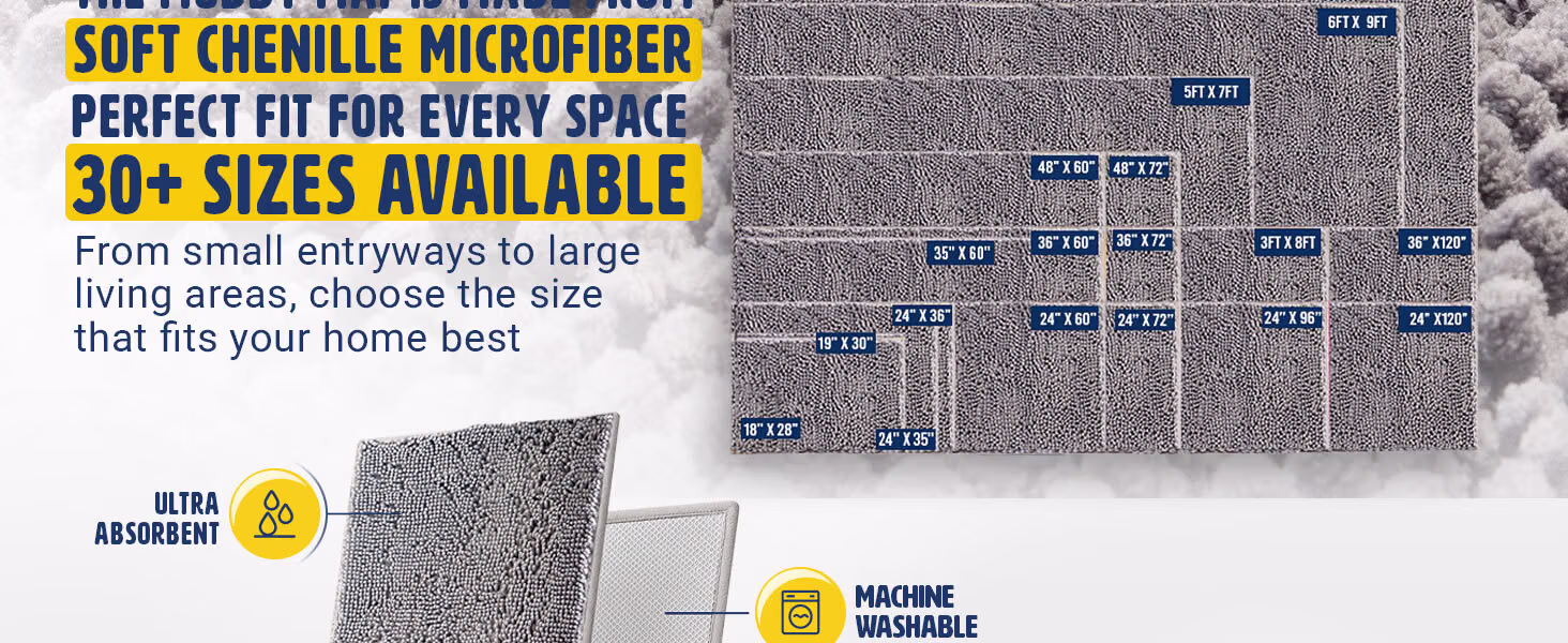 Muddy Mat Super Water Absorbent Indoor Chenille Door Mat Grey 30 x 19