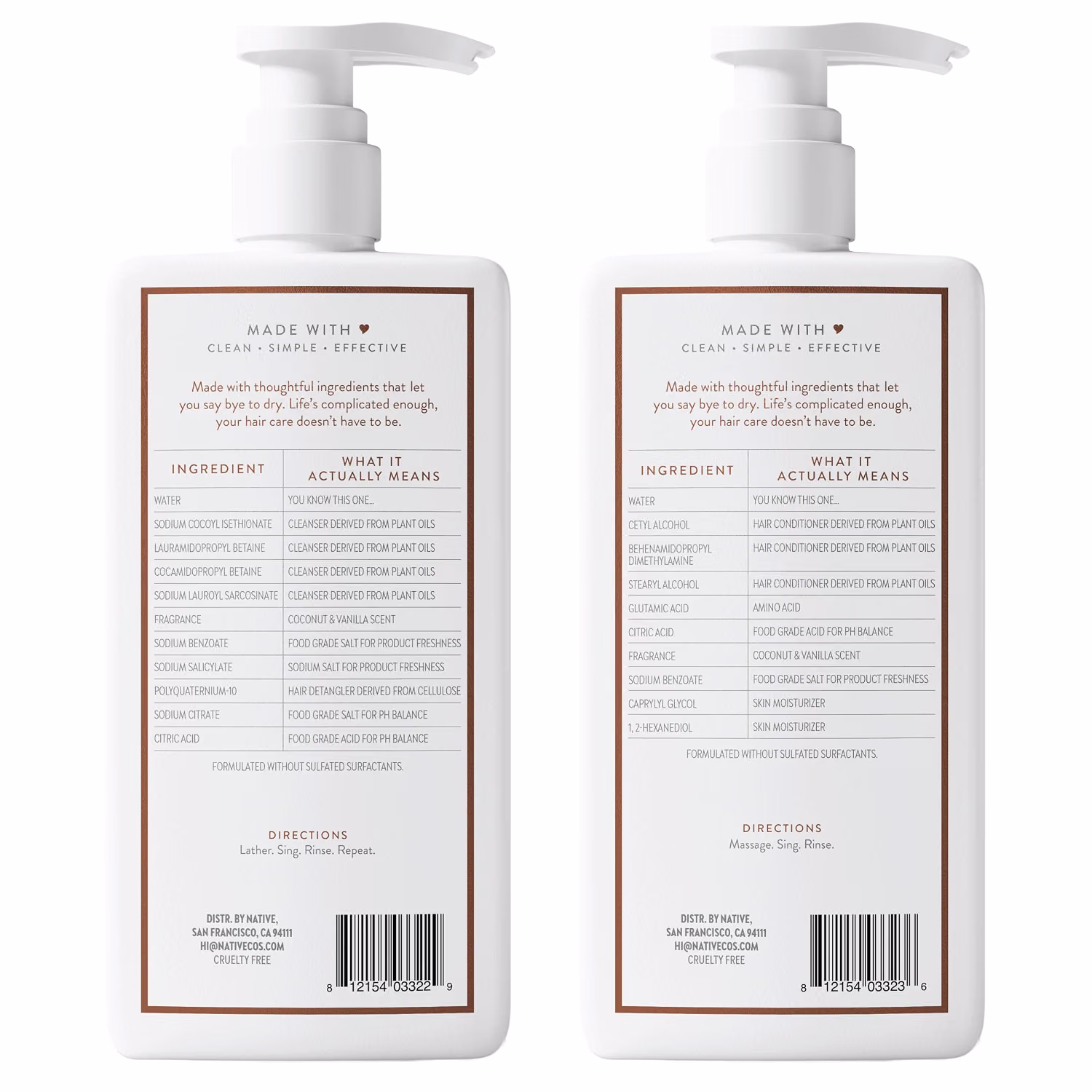 Native Coconut and Vanilla Shampoo and Conditioner 2 Pack Sulfate Free Dye Free Hair Care