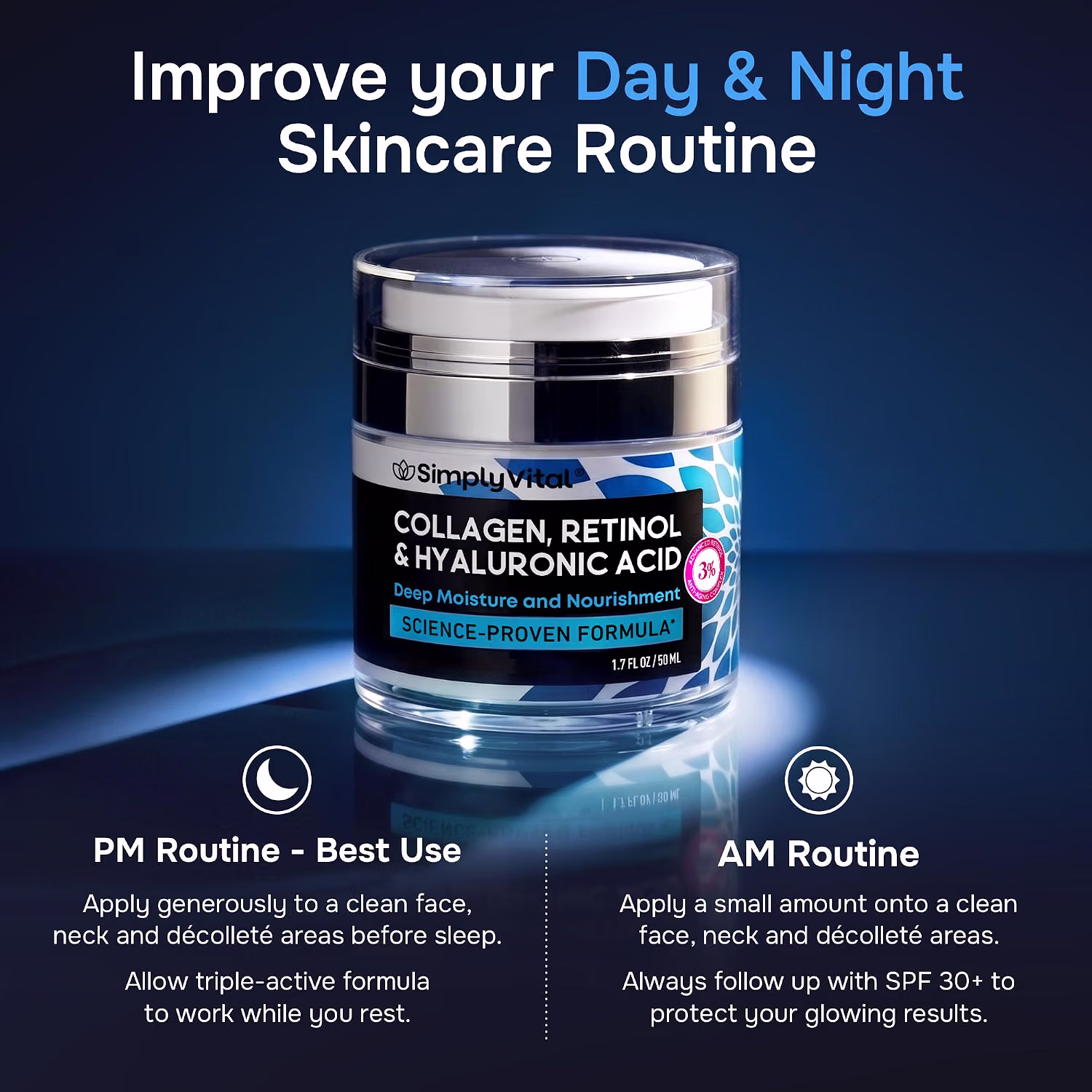 SimplyVital Face Moisturizer Retinol Collagen Hyaluronic Acid Cream 1.7 oz for Facial Skincare