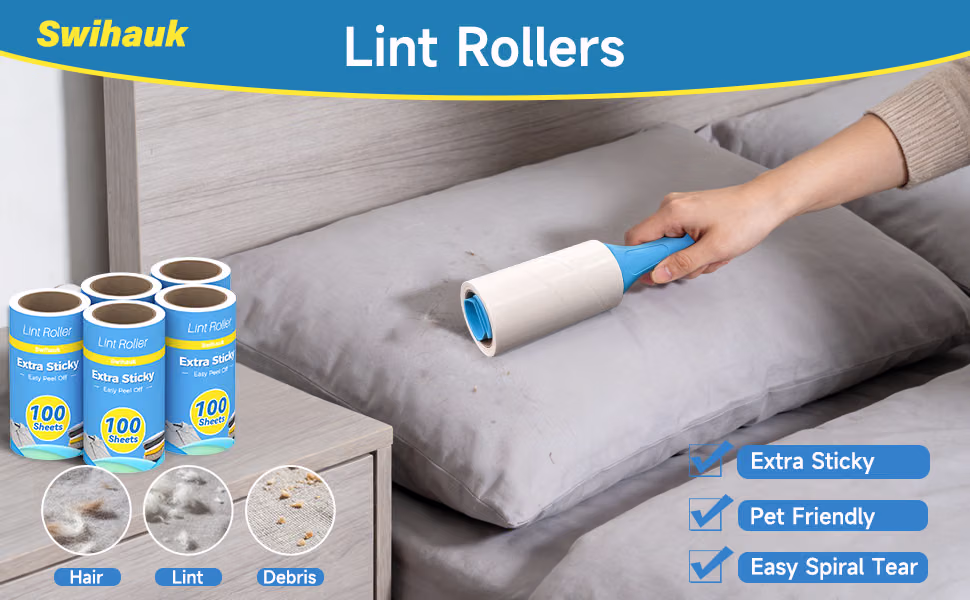 Swihauk 600 Sheets Extra Sticky Lint Rollers for Pet Hair Remover for Clothes Couch Furniture and Carpet
