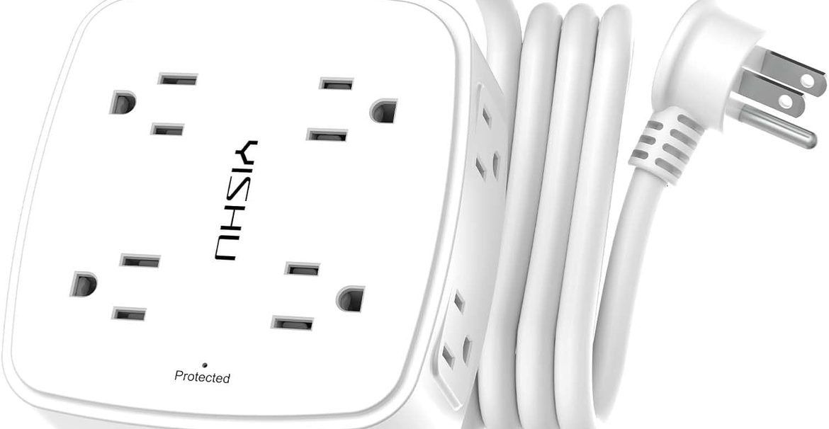 6Ft Surge Protector Power Strip with 8 widely spaced outlets and 4 USB ports for convenient home office and electronic device charging.