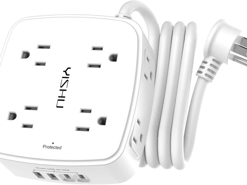 6Ft Surge Protector Power Strip with 8 widely spaced outlets and 4 USB ports for convenient home office and electronic device charging.