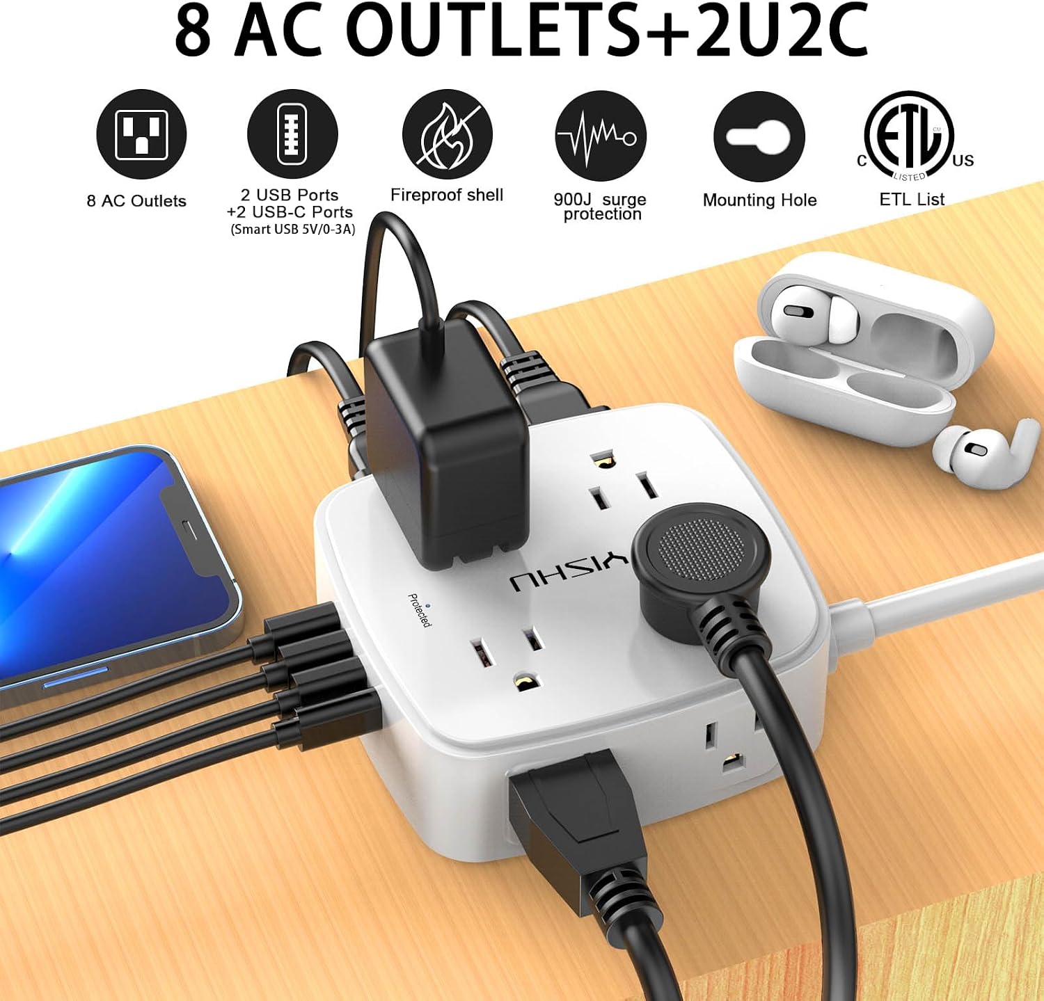 6Ft Surge Protector Power Strip with 8 widely spaced outlets and 4 USB ports for convenient home office and electronic device charging.
