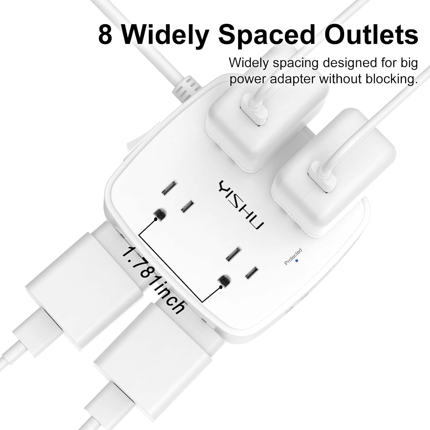 6Ft Surge Protector Power Strip with 8 widely spaced outlets and 4 USB ports for convenient home office and electronic device charging.
