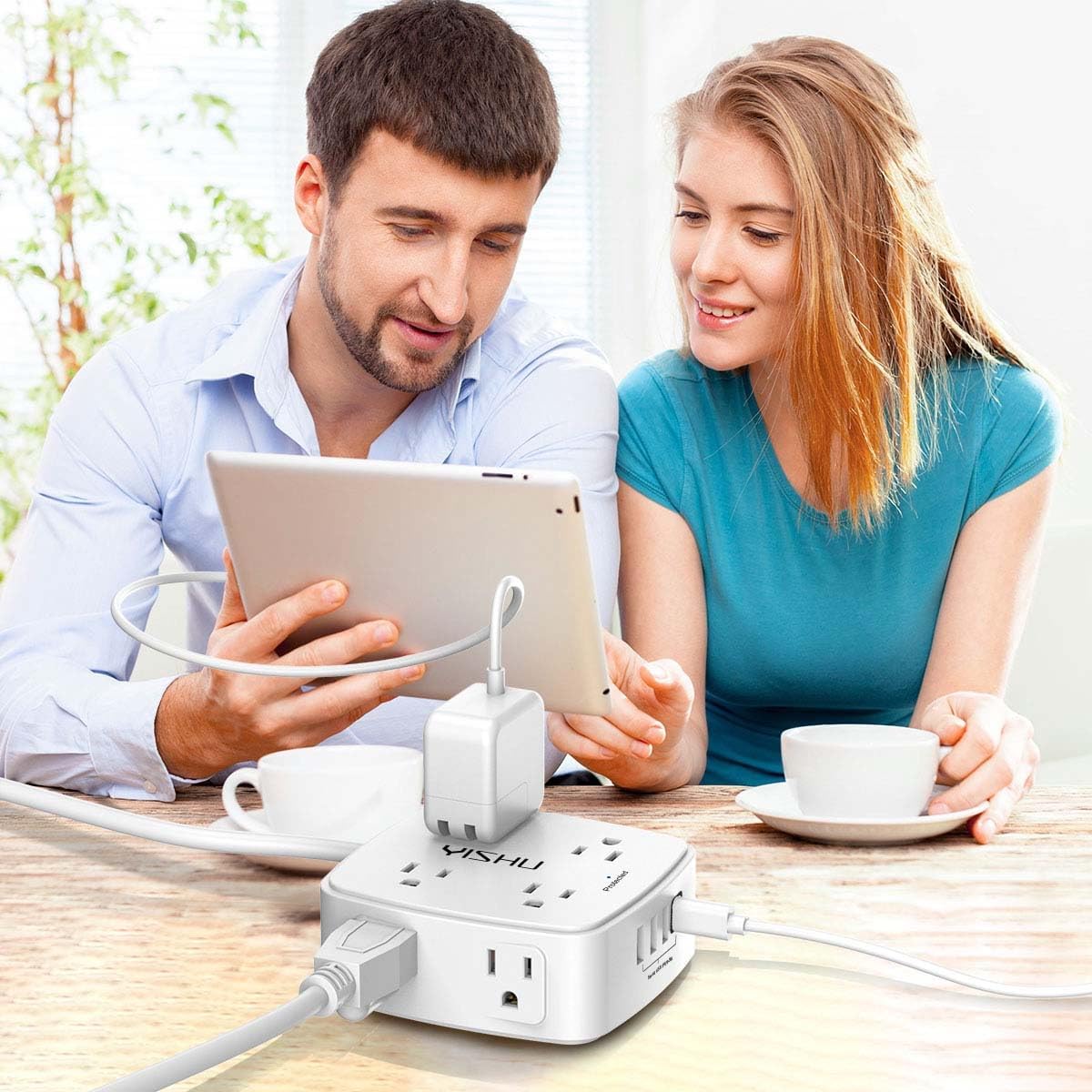 6Ft Surge Protector Power Strip with 8 widely spaced outlets and 4 USB ports for convenient home office and electronic device charging.
