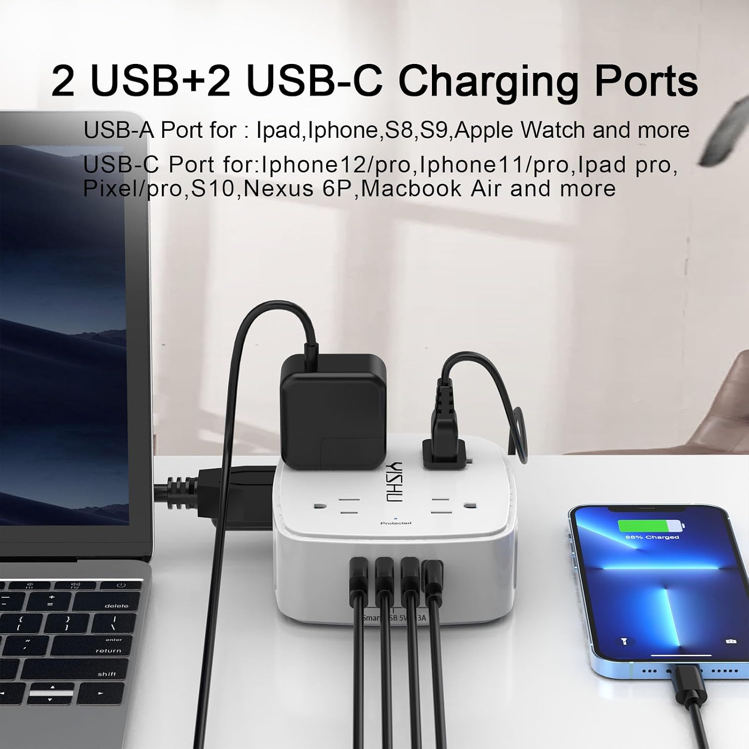6Ft Surge Protector Power Strip with 8 widely spaced outlets and 4 USB ports for convenient home office and electronic device charging.
