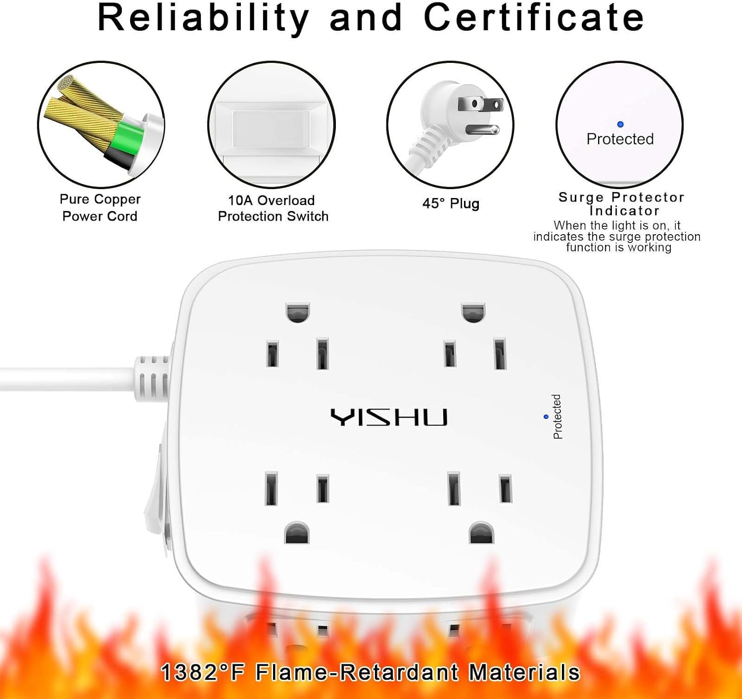 6Ft Surge Protector Power Strip with 8 widely spaced outlets and 4 USB ports for convenient home office and electronic device charging.
