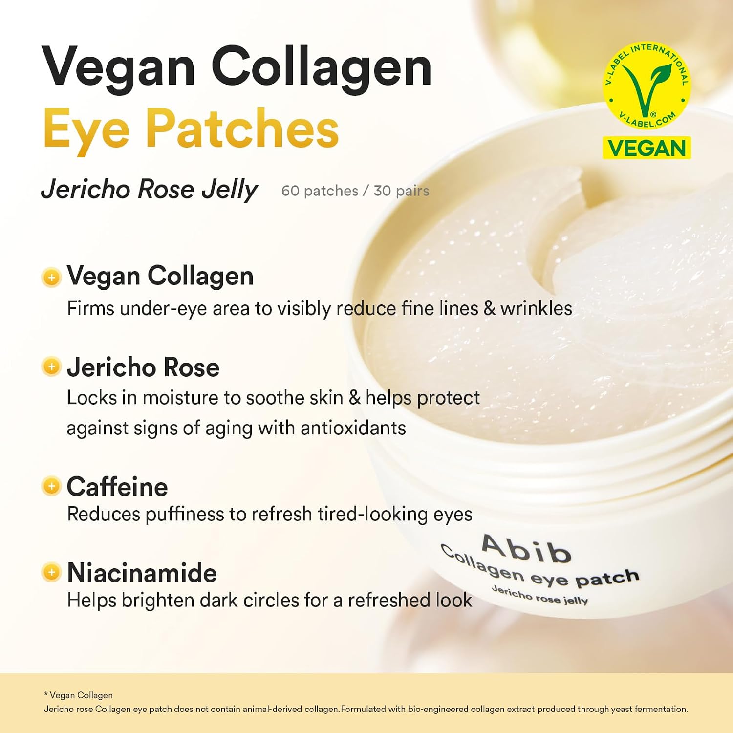 Abib Vegan Collagen Eye Patches with Jericho Rose Jelly and peptides for hydrating under-eye skincare, 60 count.
