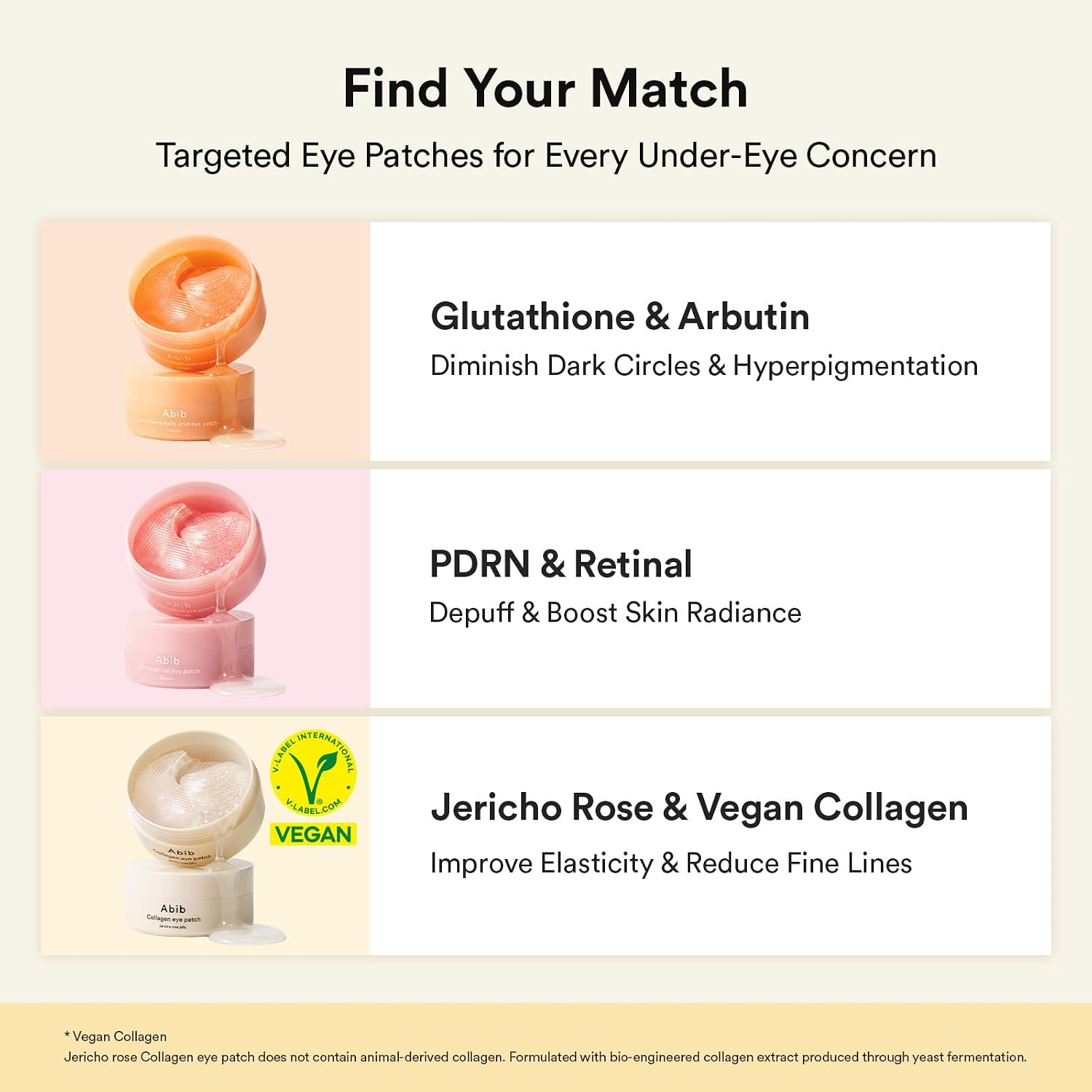 Abib Vegan Collagen Eye Patches with Jericho Rose Jelly and peptides for hydrating under-eye skincare, 60 count.
