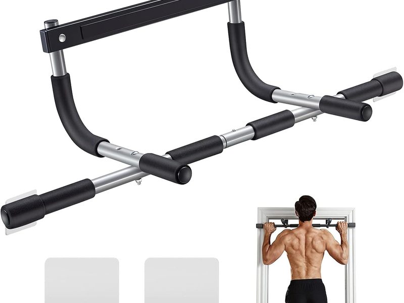 Ally Peaks doorway pull-up bar made with thickened steel, featuring multiple grip positions for home upper-body workouts.
