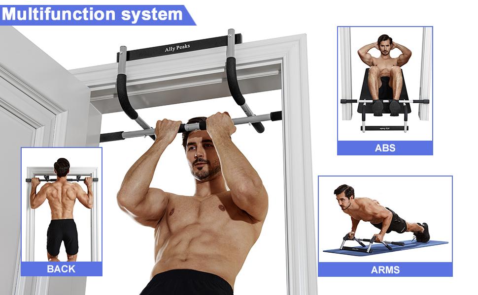 Ally Peaks doorway pull-up bar made with thickened steel, featuring multiple grip positions for home upper-body workouts.
