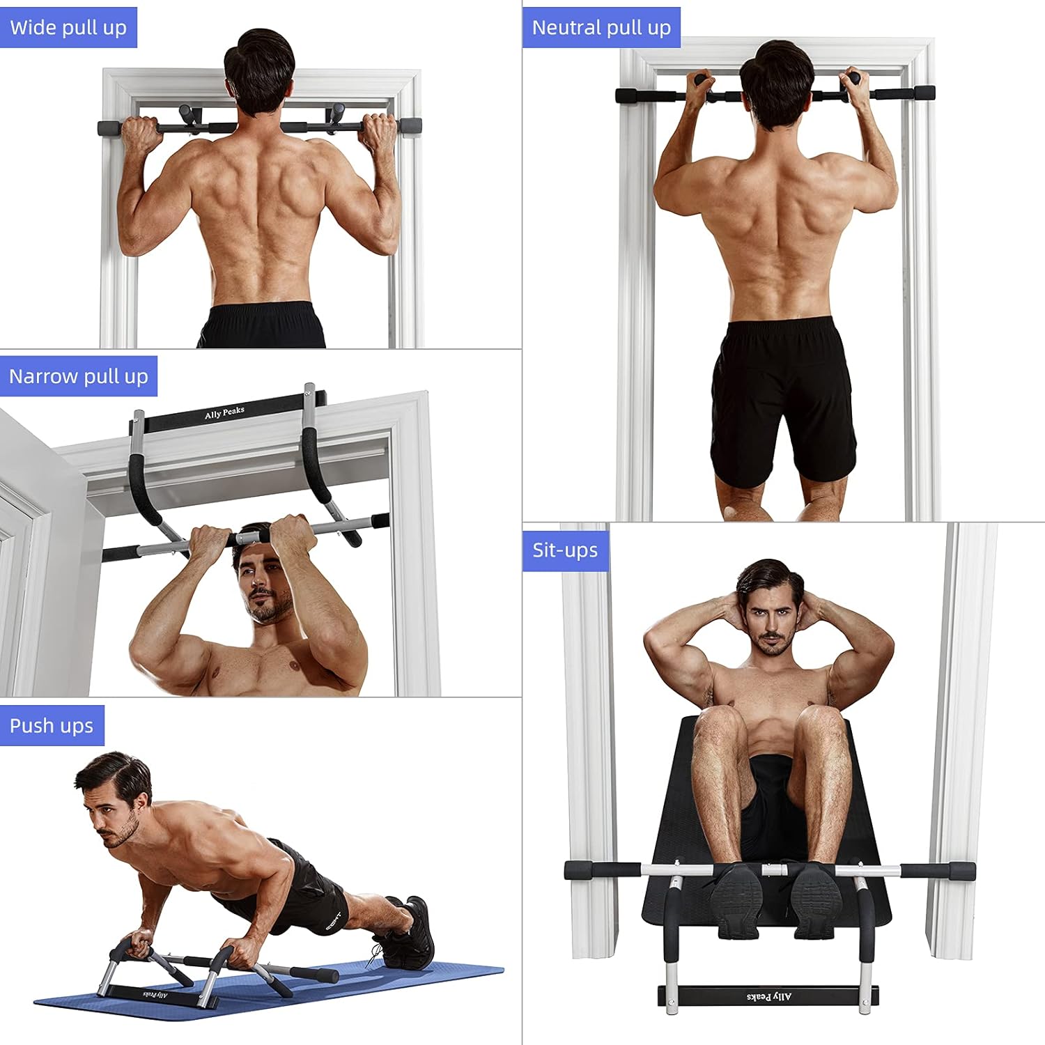 Ally Peaks doorway pull-up bar made with thickened steel, featuring multiple grip positions for home upper-body workouts.
