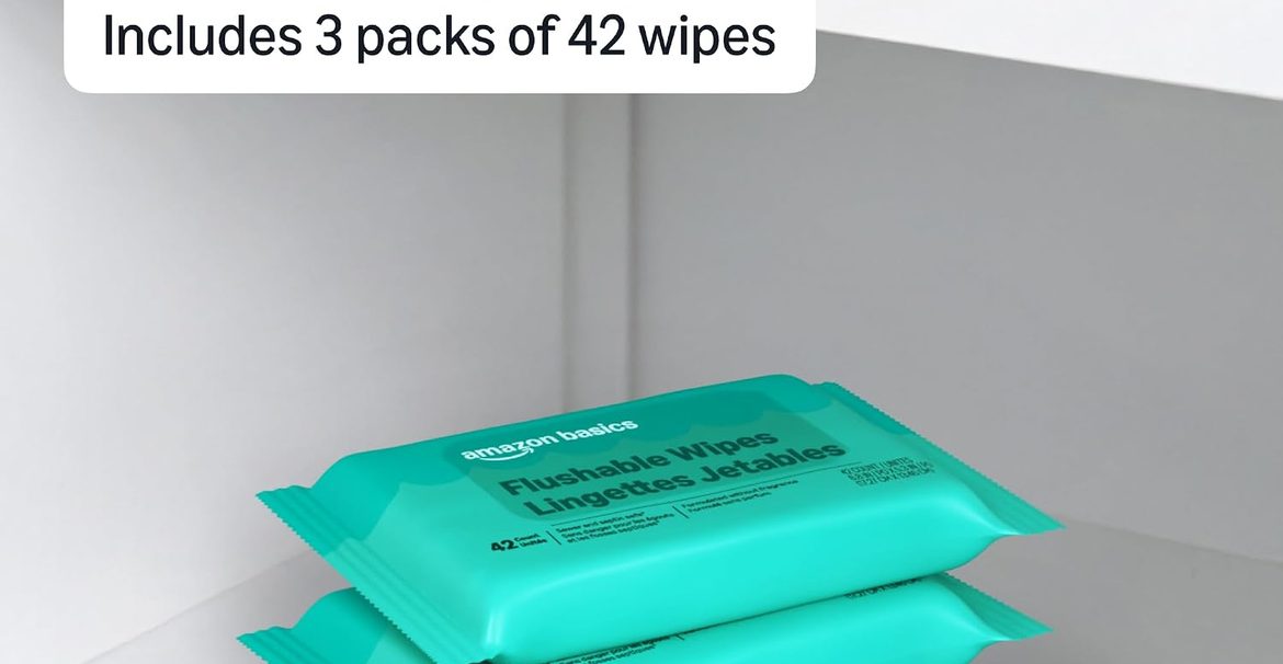 Amazon Basics Flushable Wipes fragrance-free adult wet wipes, 126 count in three packs of 42 for everyday personal hygiene.