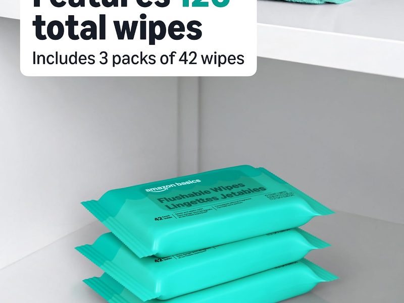 Amazon Basics Flushable Wipes fragrance-free adult wet wipes, 126 count in three packs of 42 for everyday personal hygiene.
