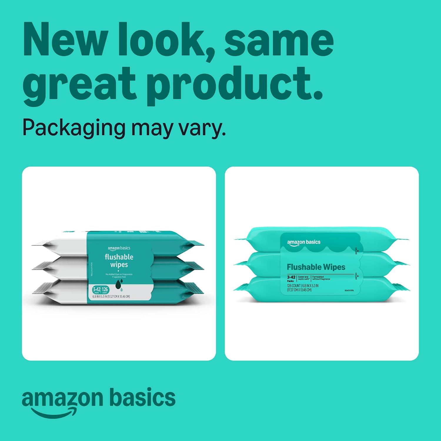 Amazon Basics Flushable Wipes fragrance-free adult wet wipes, 126 count in three packs of 42 for everyday personal hygiene.