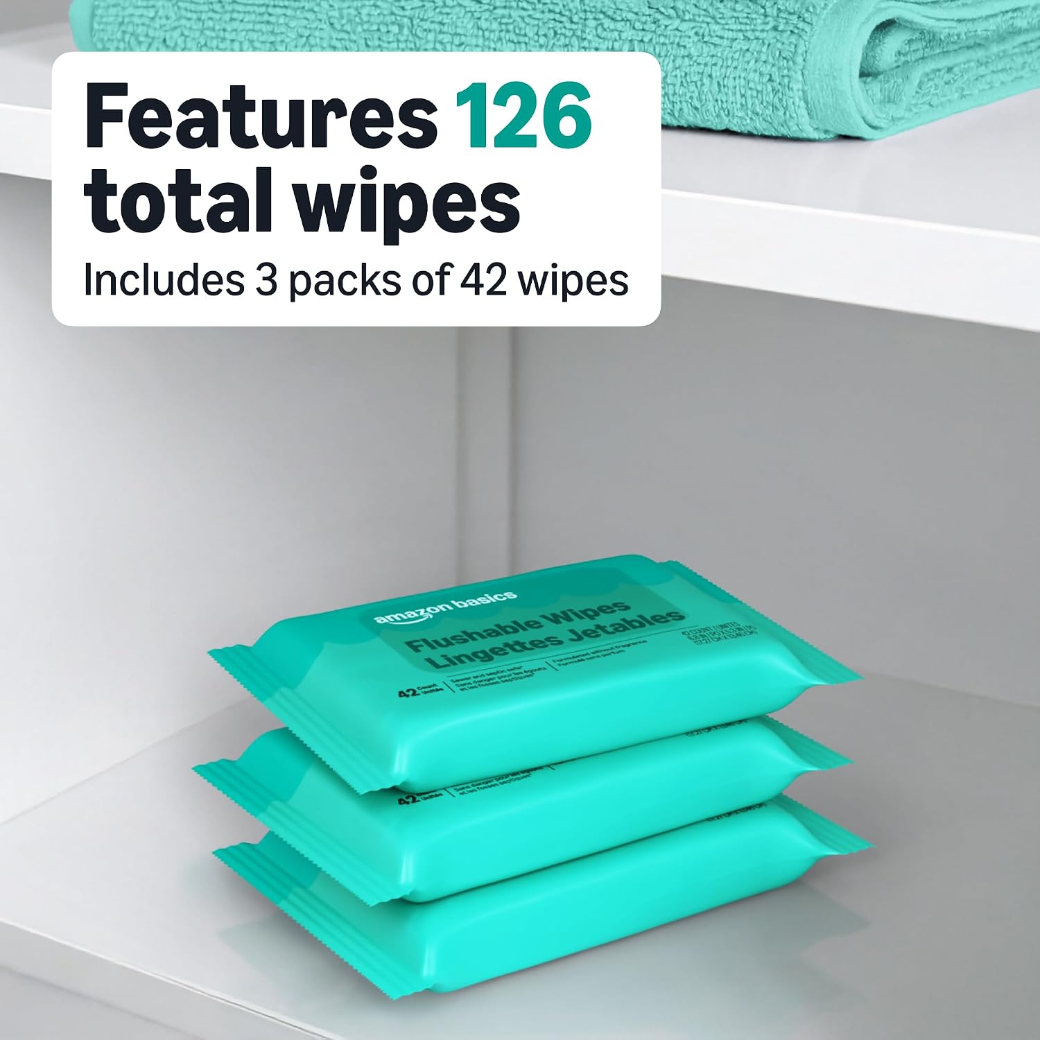 Amazon Basics Flushable Wipes fragrance-free adult wet wipes, 126 count in three packs of 42 for everyday personal hygiene.