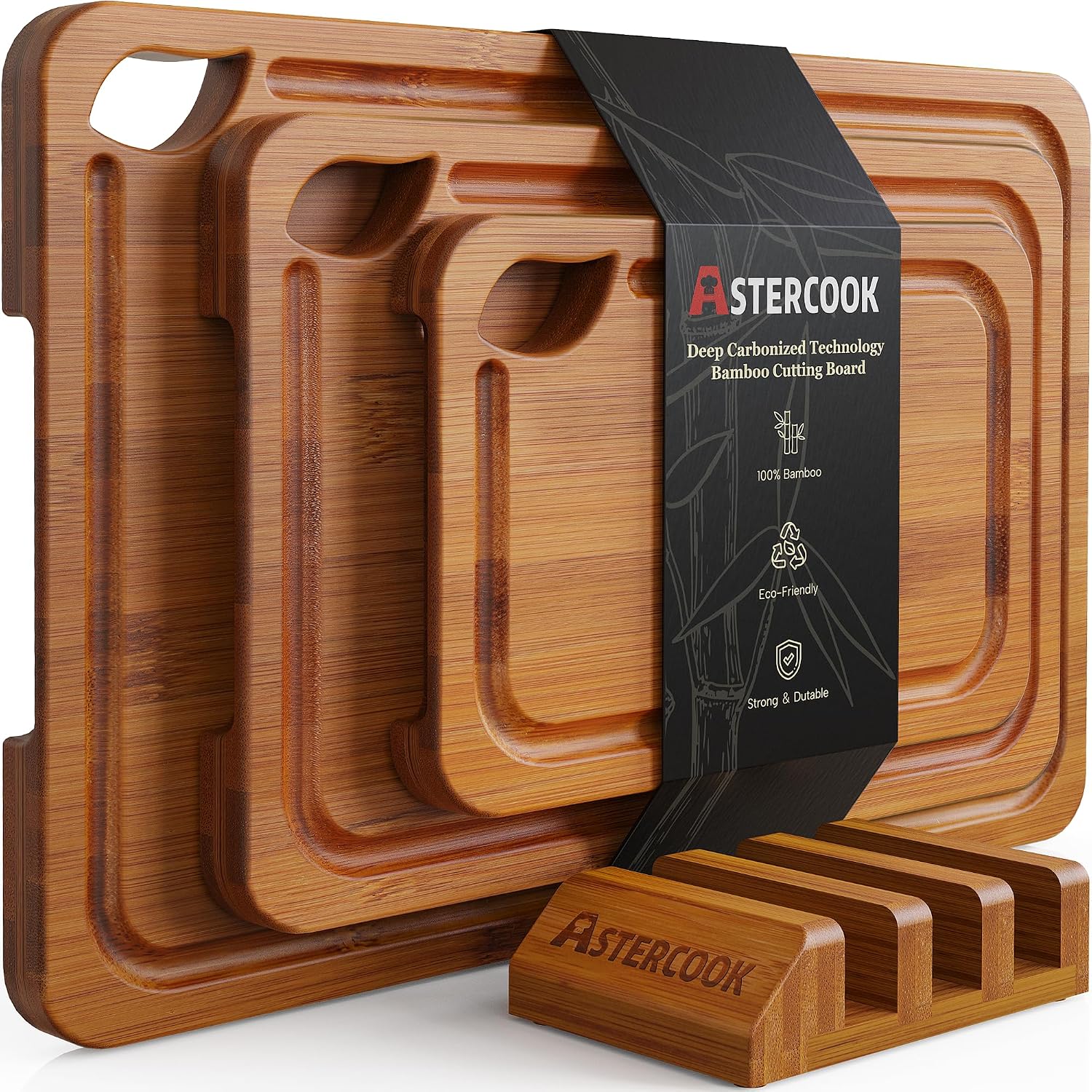 Astercook Deep-Carbonized Bamboo Cutting Boards with Wood Storage Stand, Reversible Chopping Boards, Juice Grooves and Easy-Grip Handles.