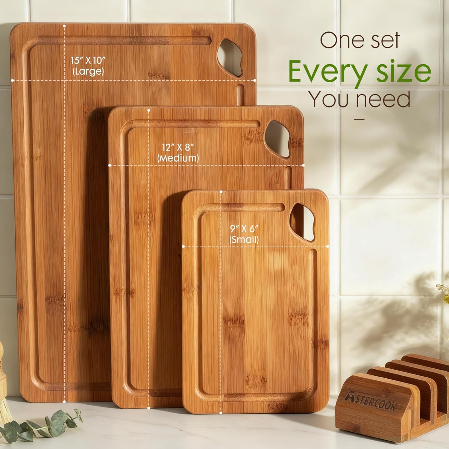 Astercook Deep-Carbonized Bamboo Cutting Boards with Wood Storage Stand, Reversible Chopping Boards, Juice Grooves and Easy-Grip Handles.