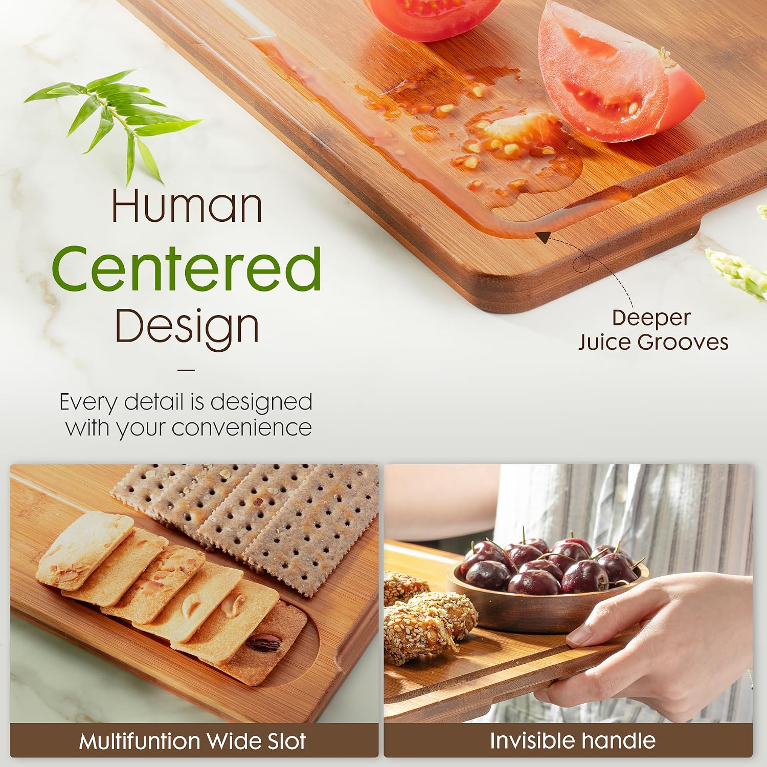 Astercook Deep-Carbonized Bamboo Cutting Boards with Wood Storage Stand, Reversible Chopping Boards, Juice Grooves and Easy-Grip Handles.
