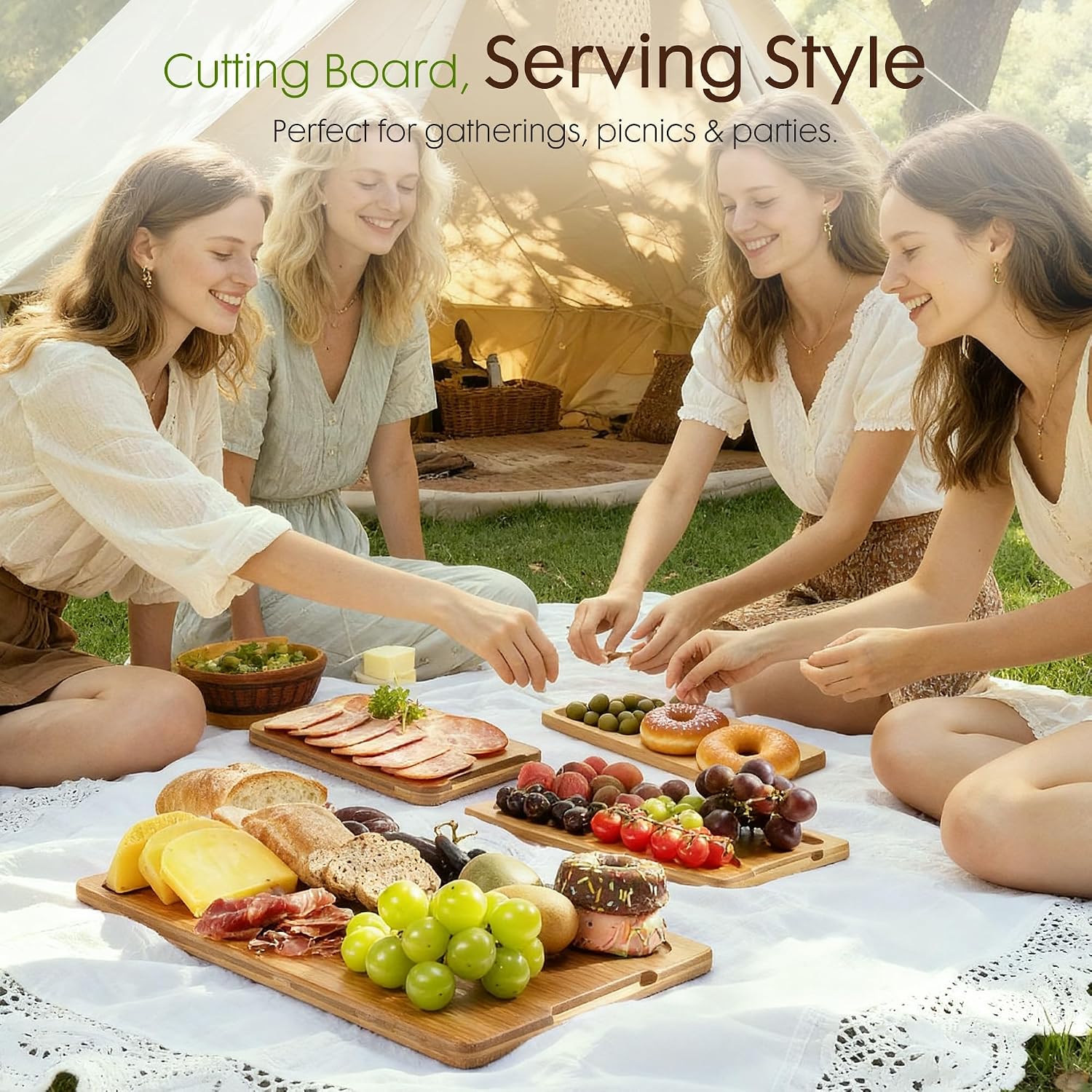 Astercook Deep-Carbonized Bamboo Cutting Boards with Wood Storage Stand, Reversible Chopping Boards, Juice Grooves and Easy-Grip Handles.