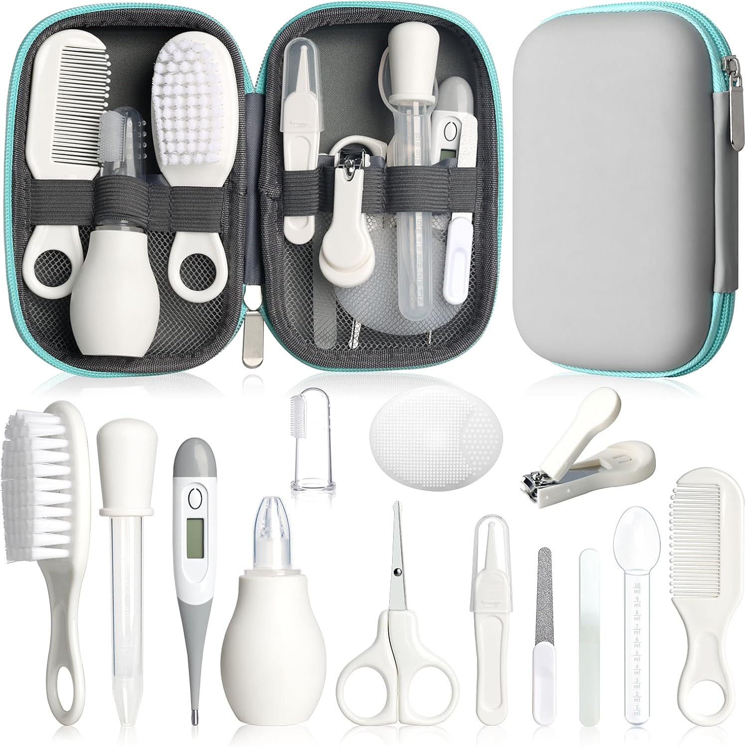 Baby Grooming Kit for Newborns in grey and white, including a baby hair brush, comb, nail clipper, and nasal aspirator for infant care.
