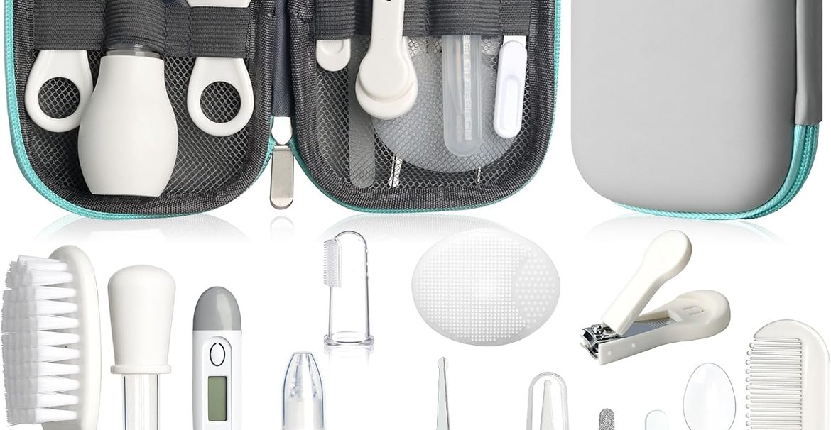 Baby Grooming Kit for Newborns in grey and white, including a baby hair brush, comb, nail clipper, and nasal aspirator for infant care.