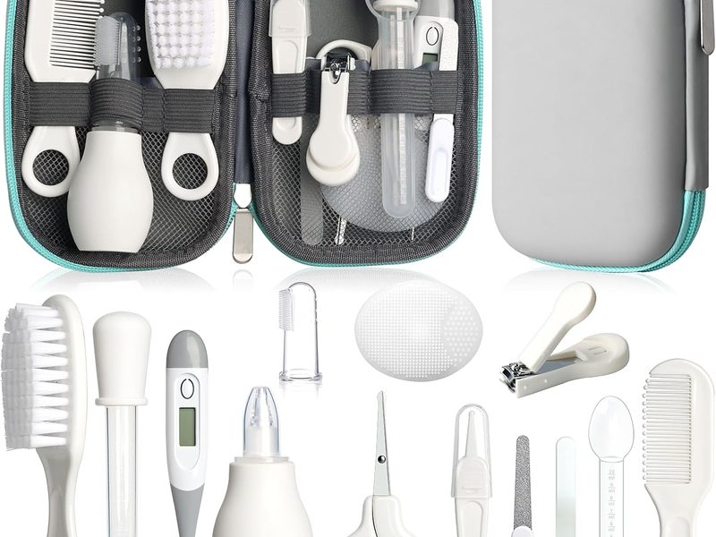 Baby Grooming Kit for Newborns in grey and white, including a baby hair brush, comb, nail clipper, and nasal aspirator for infant care.
