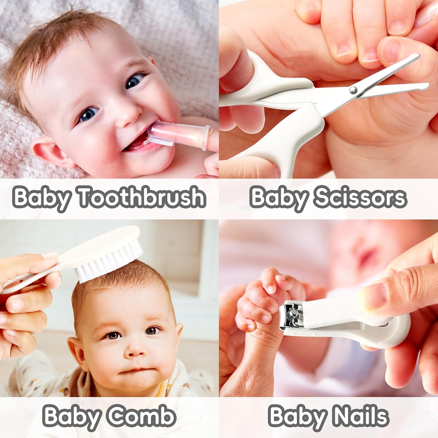 Baby Grooming Kit for Newborns in grey and white, including a baby hair brush, comb, nail clipper, and nasal aspirator for infant care.
